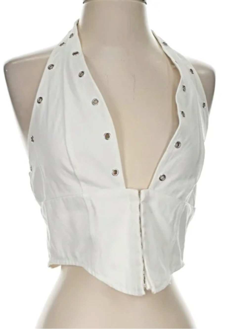 White Denim Halter Eyelet Crop Top